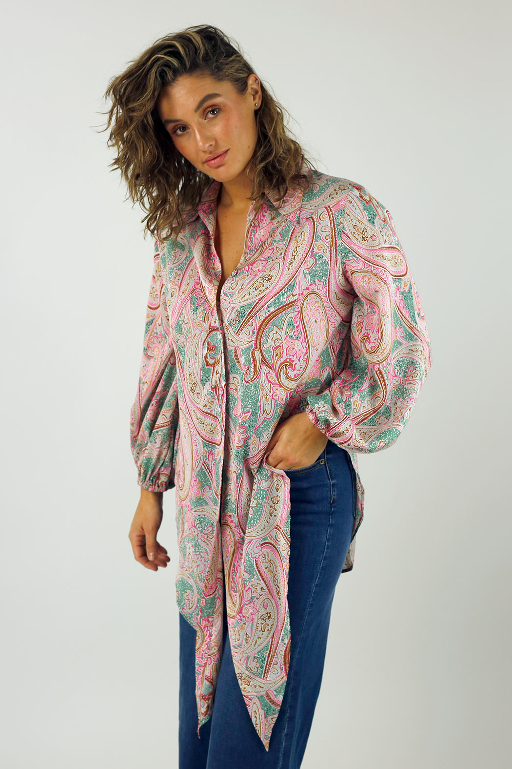 Pink Paisley Puff Sleeve Tie Shirt - SALE