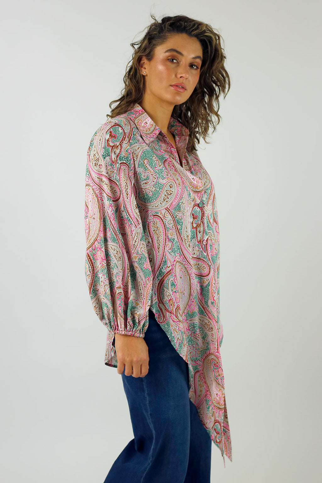 Pink Paisley Puff Sleeve Tie Shirt - SALE