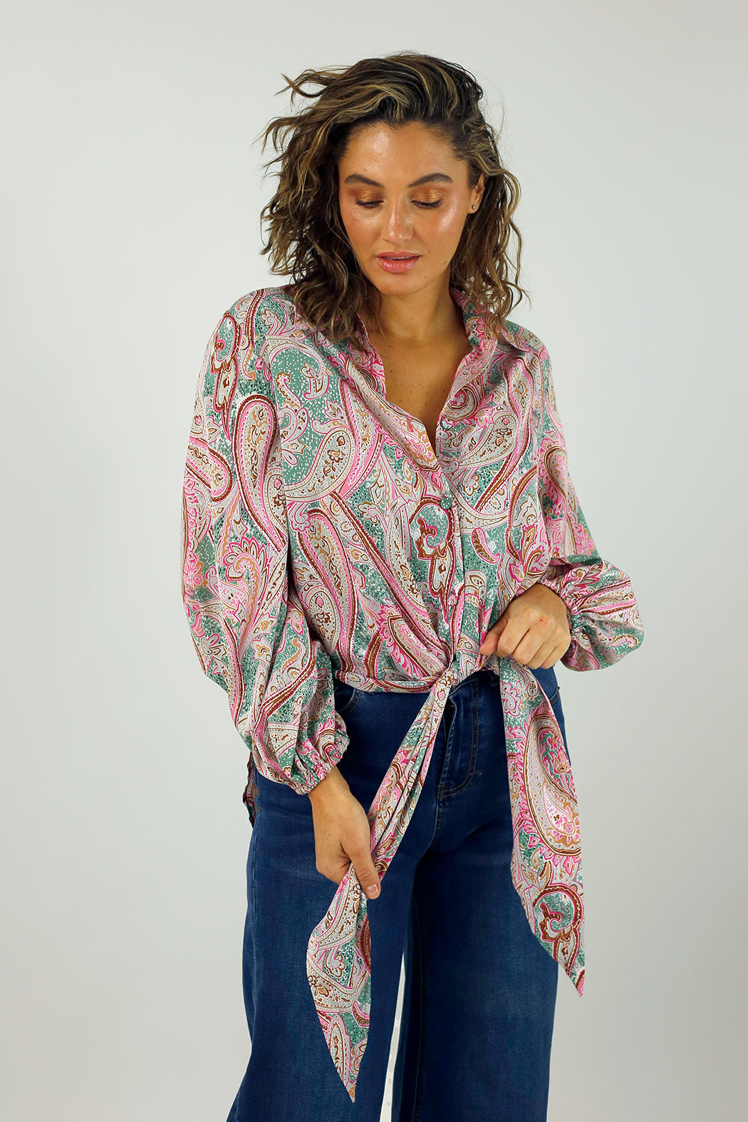 Pink Paisley Puff Sleeve Tie Shirt - SALE