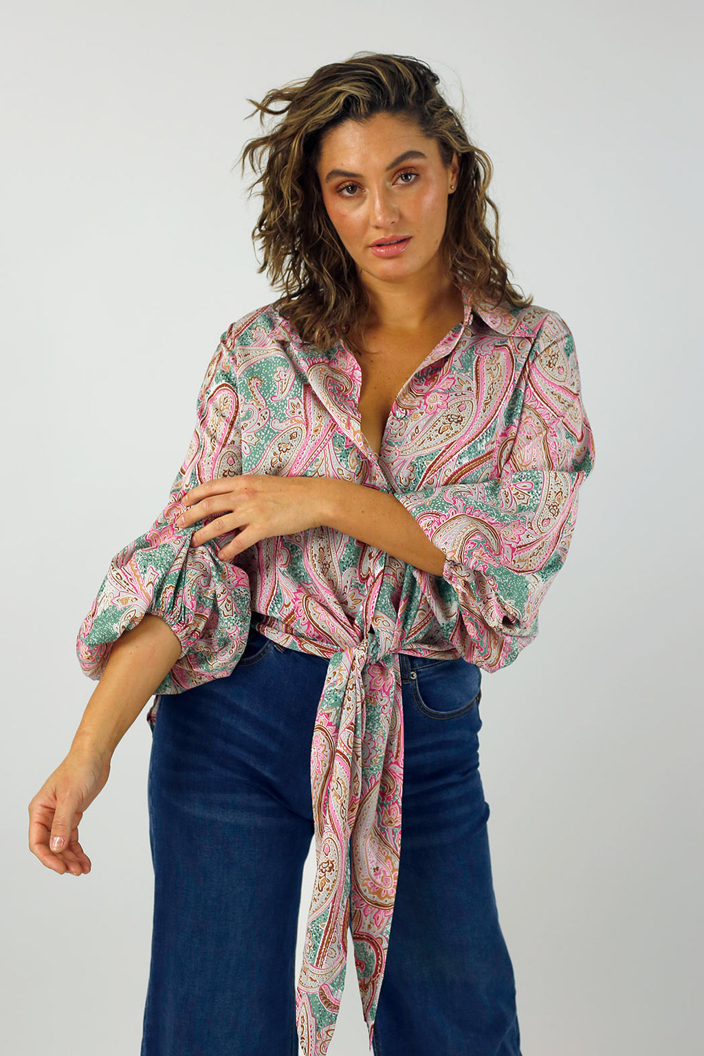 Pink Paisley Puff Sleeve Tie Shirt - SALE