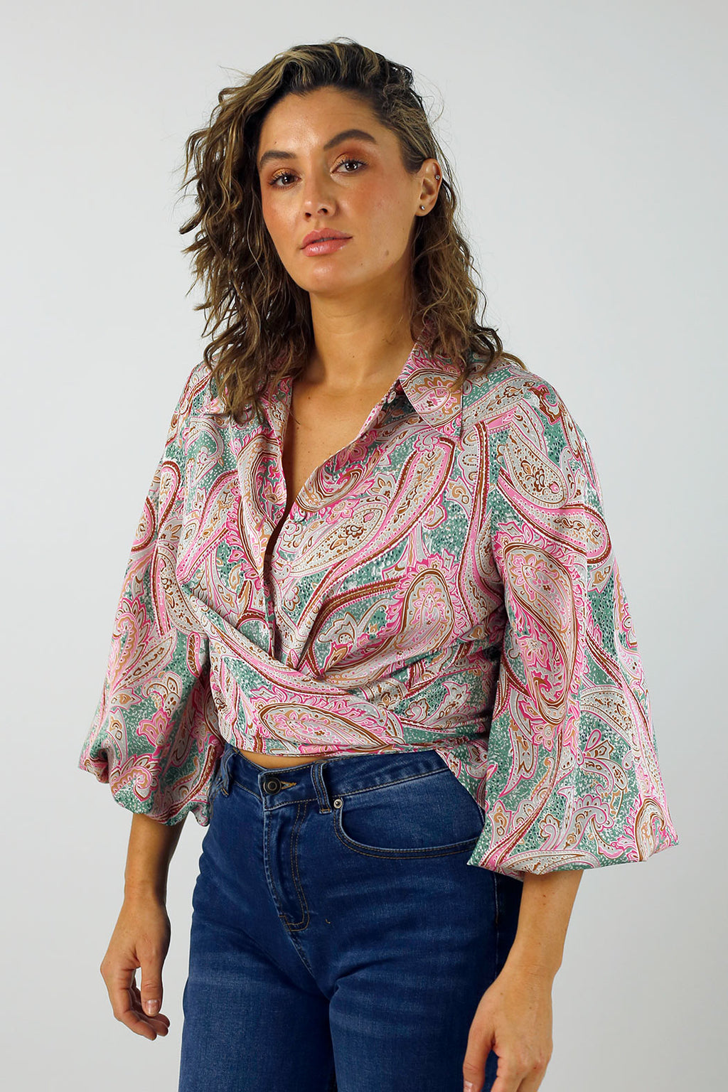 Pink Paisley Puff Sleeve Tie Shirt - SALE