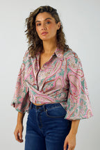 Pink Paisley Puff Sleeve Tie Shirt - SALE
