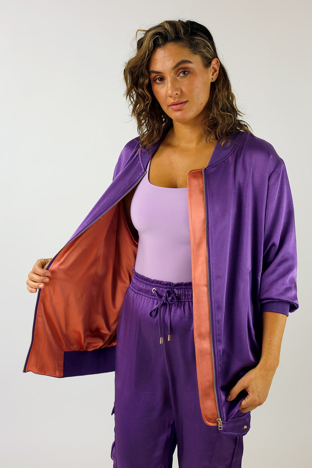 Purple Satin Zip Bomber - FINAL SALE