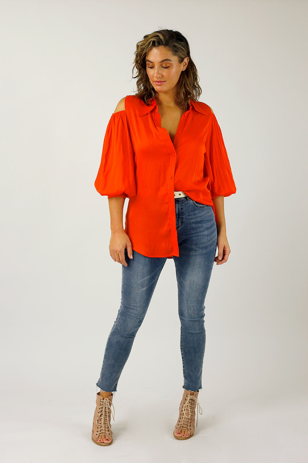 Orange Silky Open Shoulder Shirt - FINAL SALE
