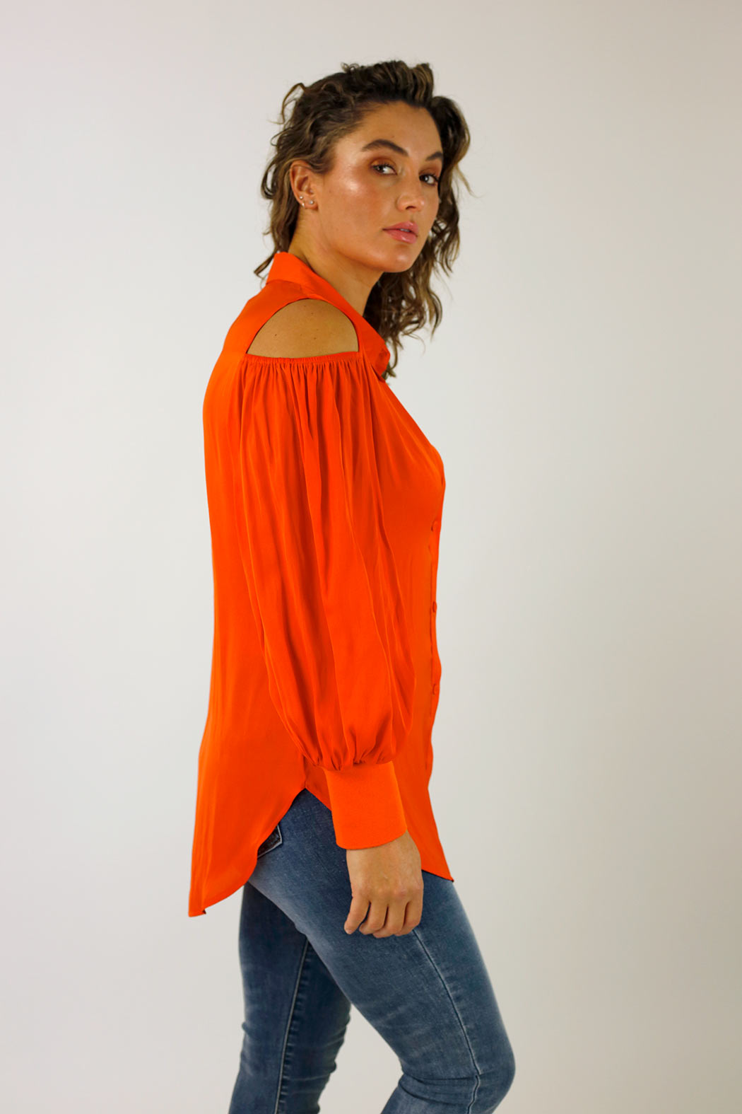 Orange Silky Open Shoulder Shirt - FINAL SALE