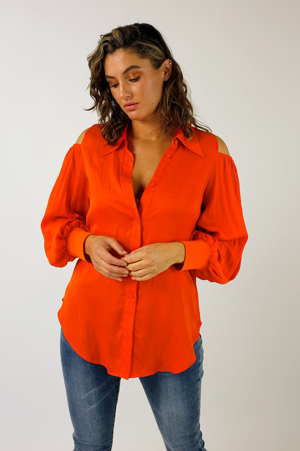 Orange Silky Open Shoulder Shirt - FINAL SALE
