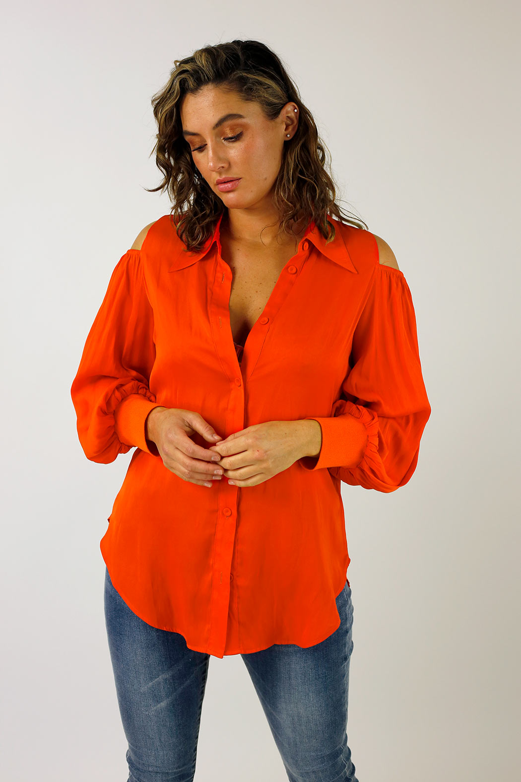 Orange Silky Open Shoulder Shirt - FINAL SALE