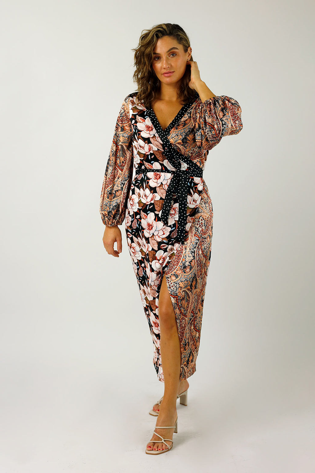 Tan and Black Patchwork Wrap Dress - FINAL SALE