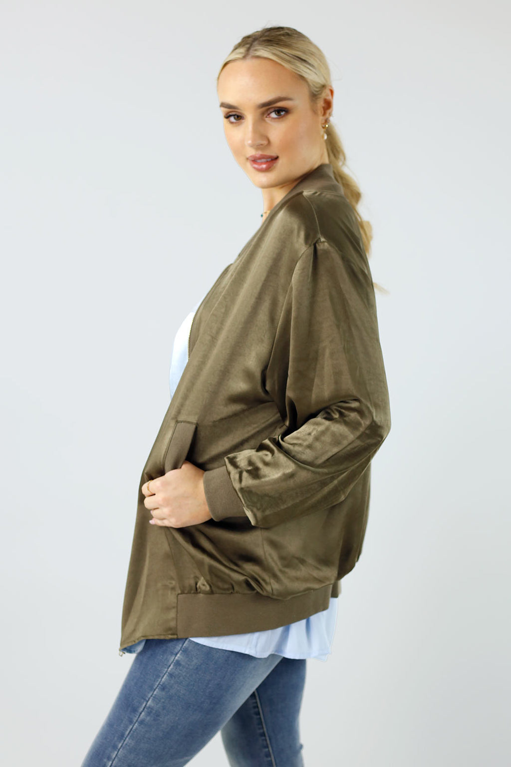 Khaki Satin Bomber Jacket - FINAL SALE