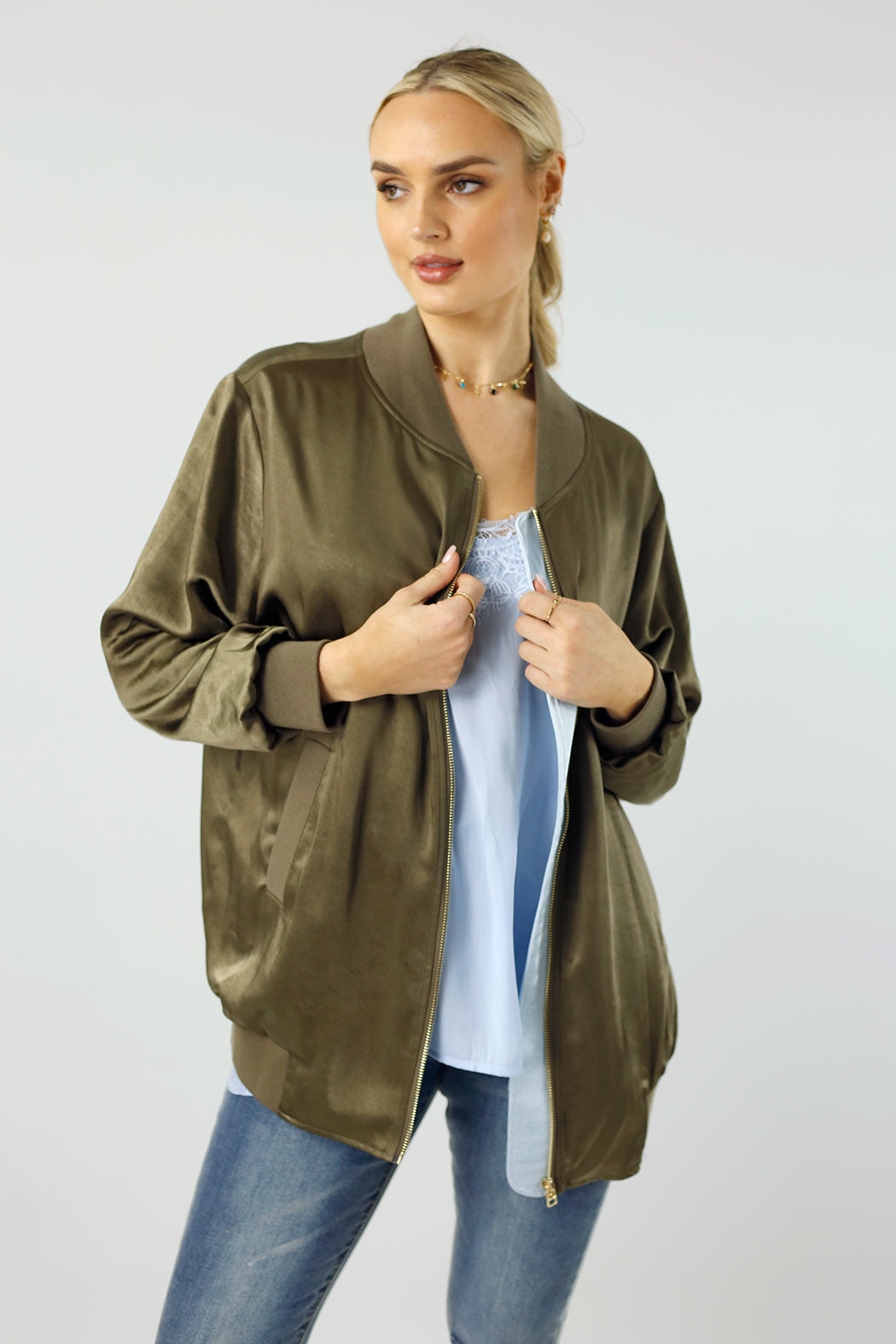 Khaki Satin Bomber Jacket - FINAL SALE