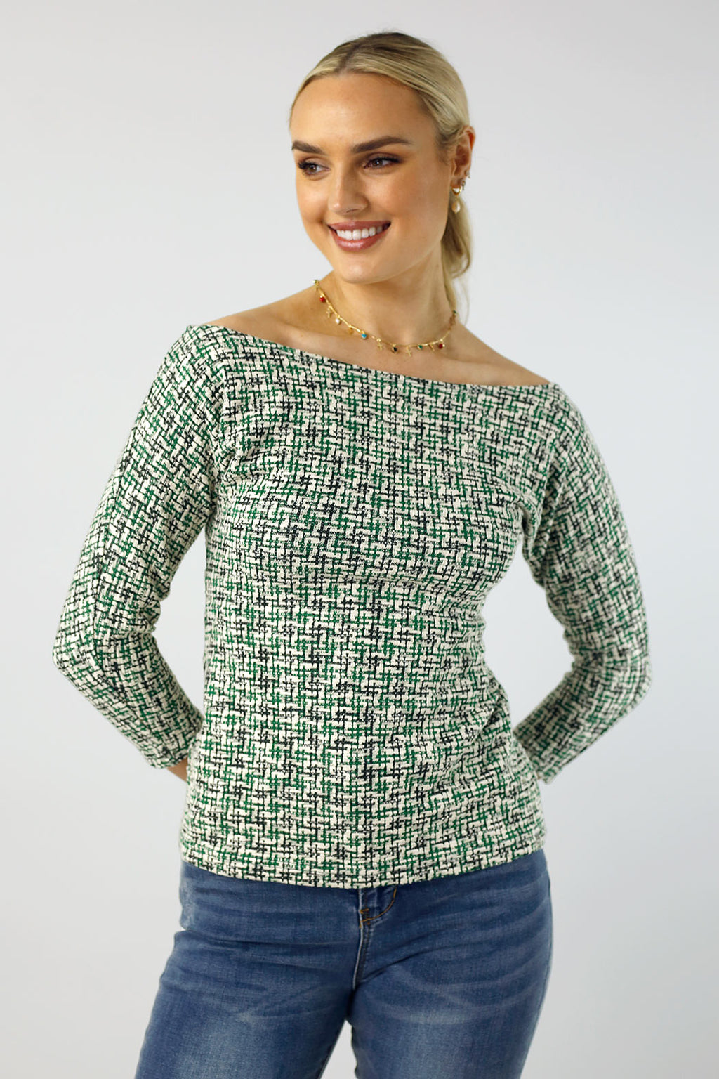 Green Stretch Tweed Top - FINAL SALE