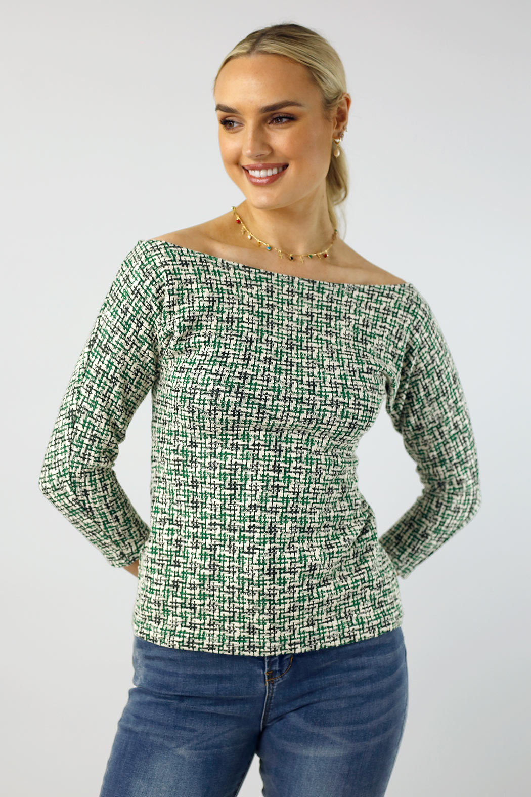 Green Stretch Tweed Top - FINAL SALE