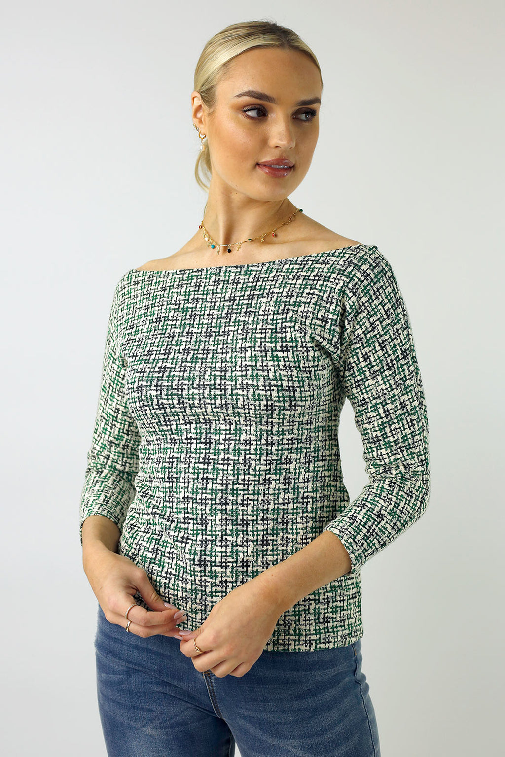 Green Stretch Tweed Top - FINAL SALE