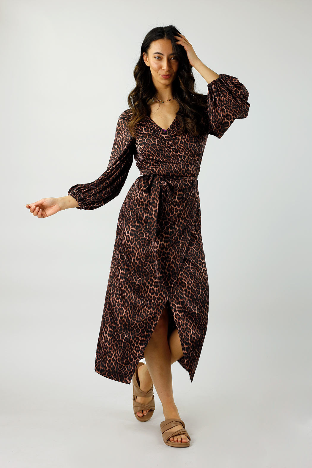 Brown Leopard Silky Wrap Dress - Final Sale