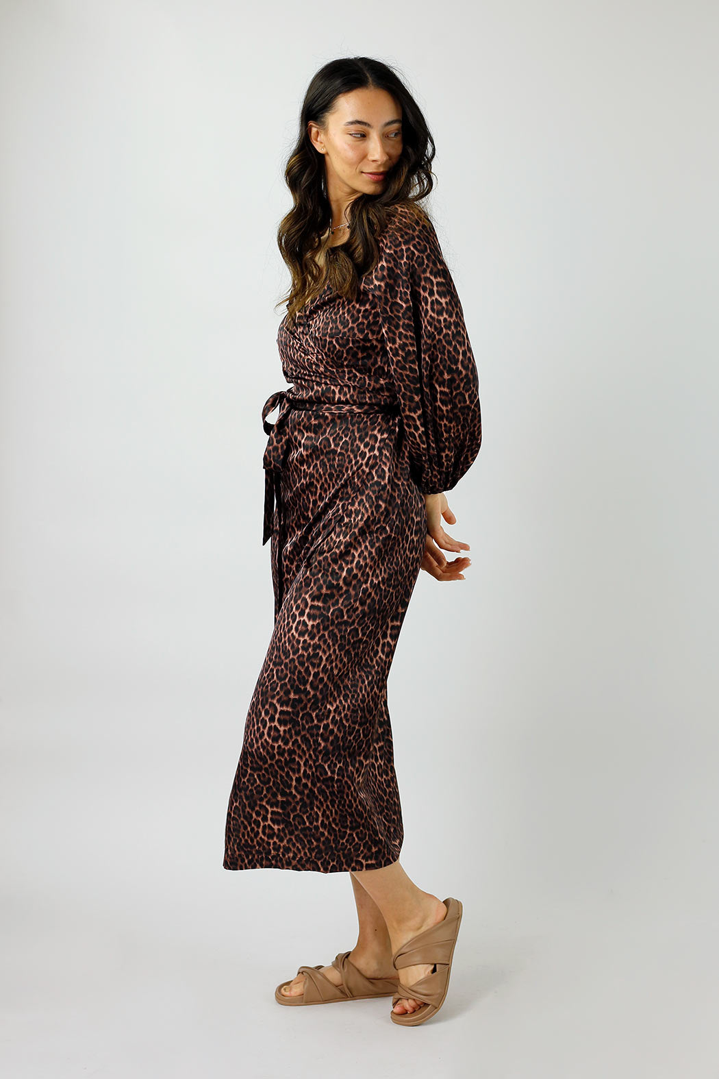 Brown Leopard Silky Wrap Dress - Final Sale