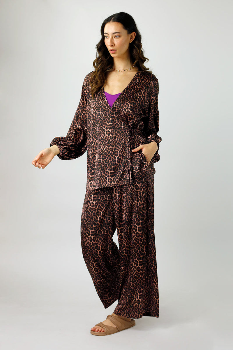 Brown Leopard Silky Wrap Top - Final Sale
