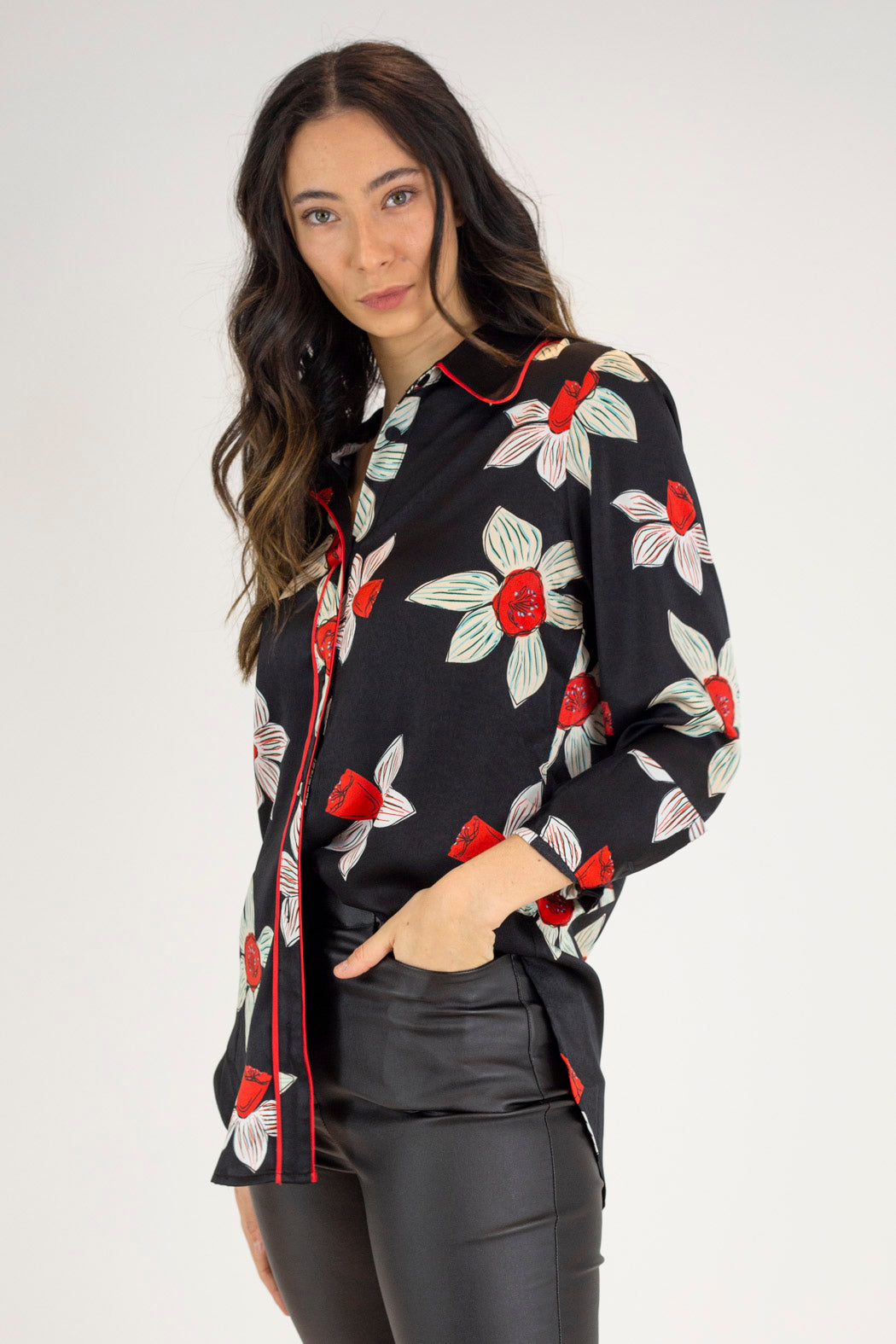 Black And Red Silky Piping Shirt - Final Sale