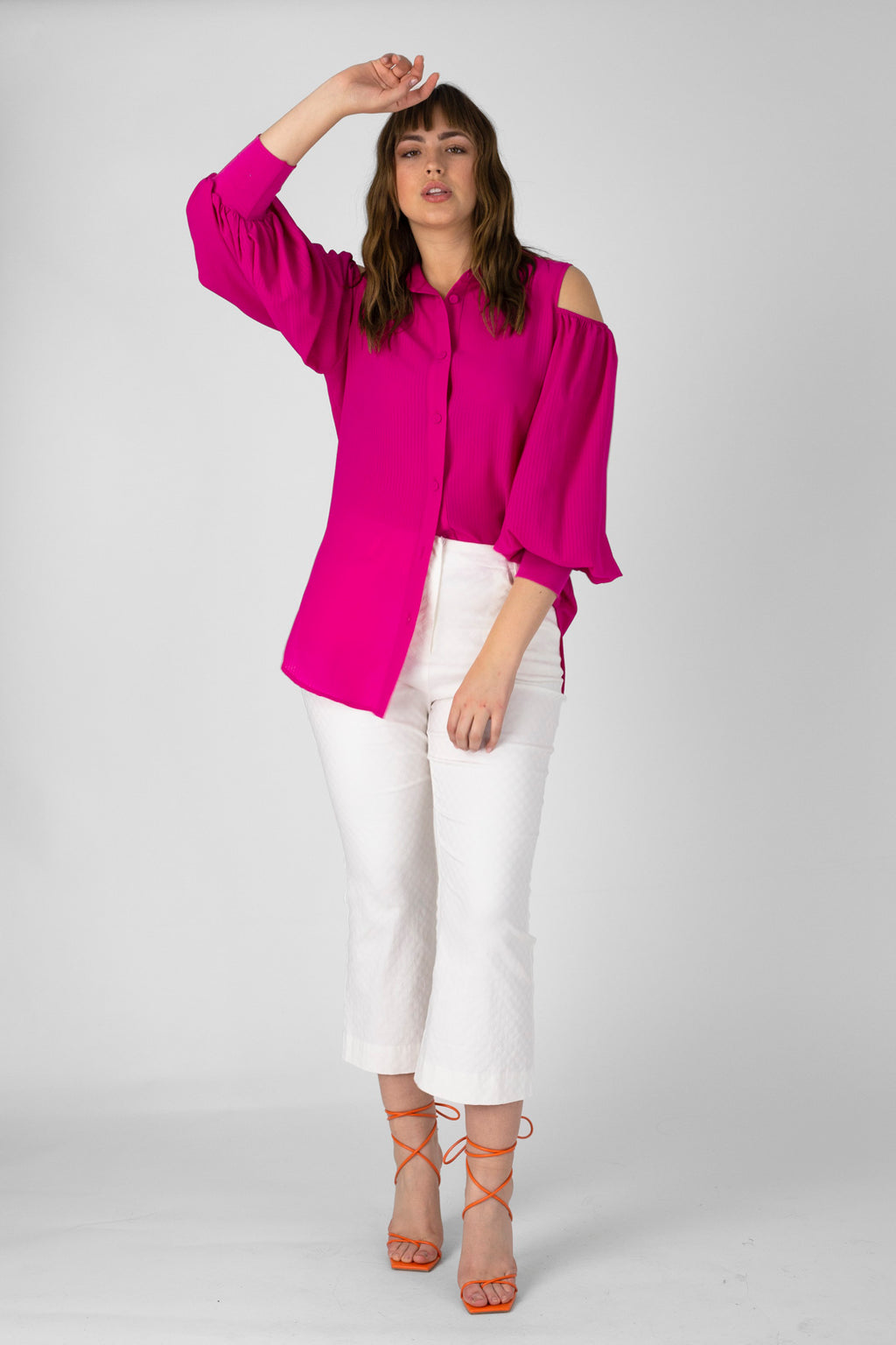 Bright Pink Chiffon Keyhole Shirt - Sale