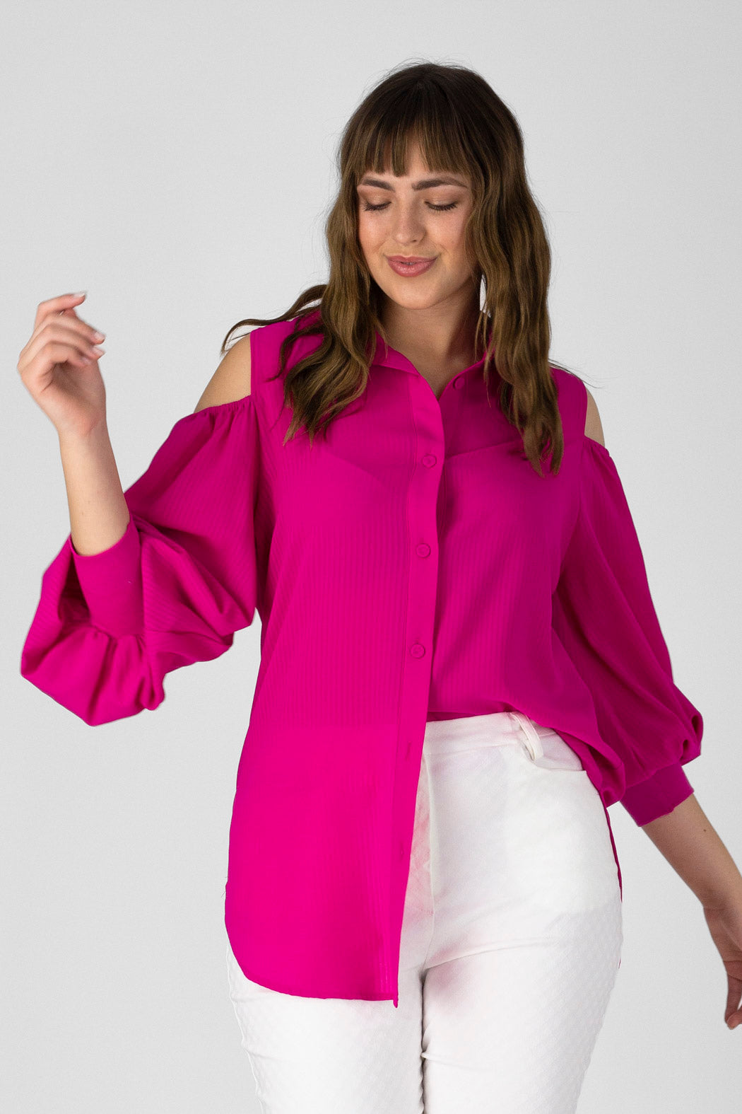 Bright Pink Chiffon Keyhole Shirt - Sale