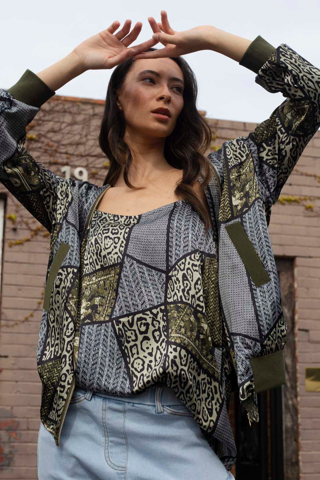 Khaki Print Silky Bomber Jacket - Final Sale