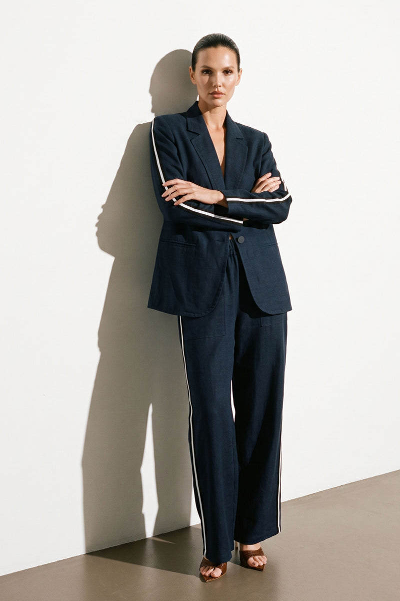 Navy Linen Stripe Boyfriend Blazer