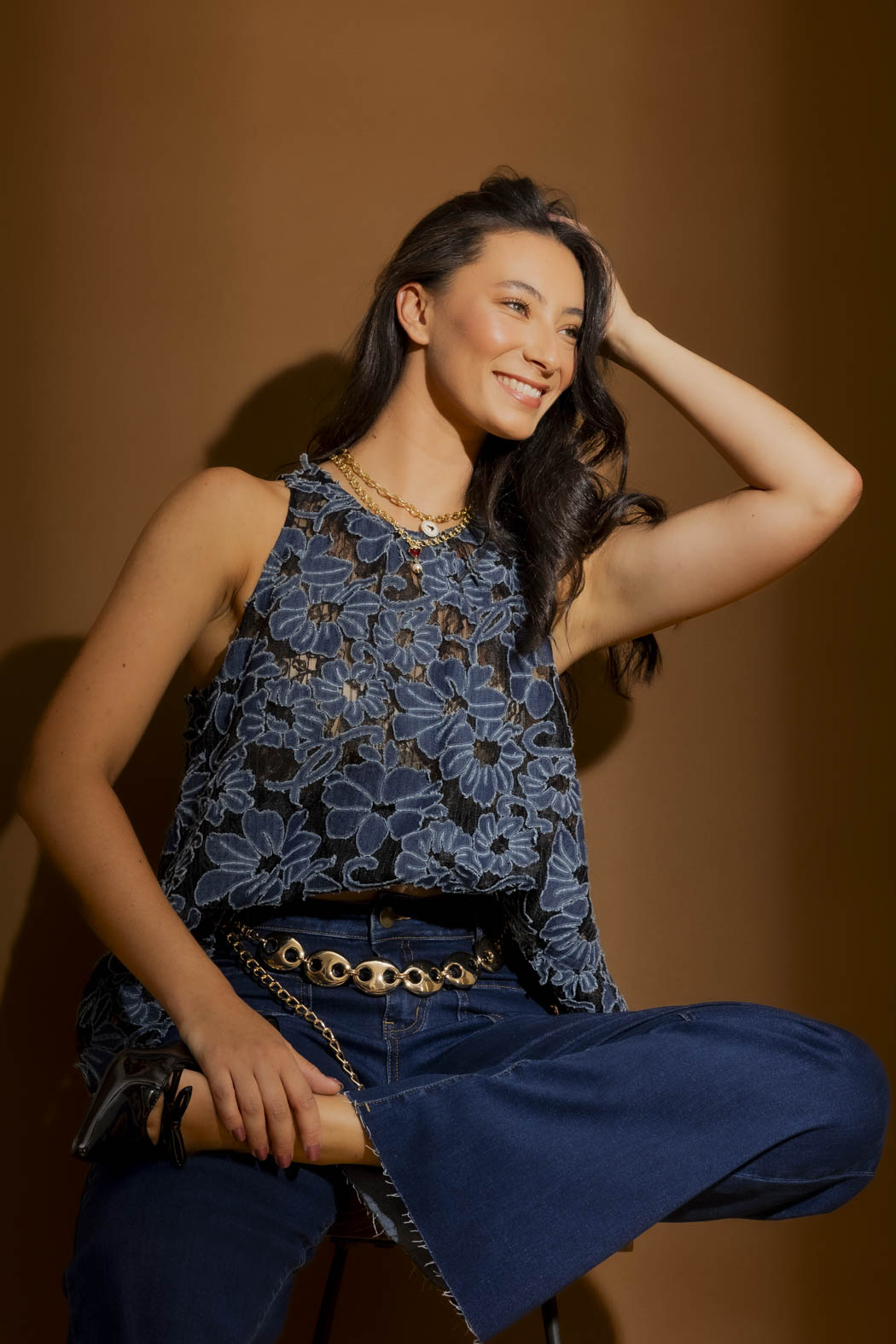 Denim Lace Frill Top