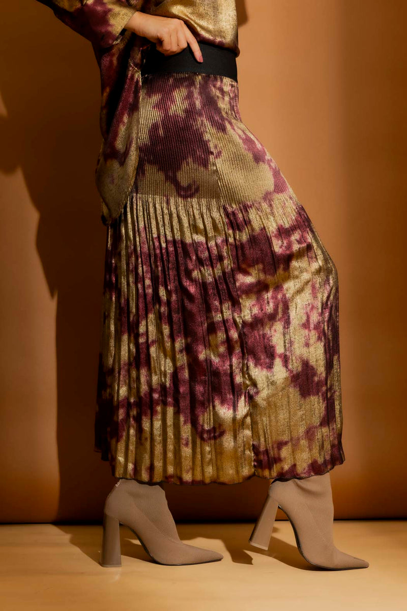 Burgundy/Gold Pleat Maxi Skirt Burgundy/Gold S