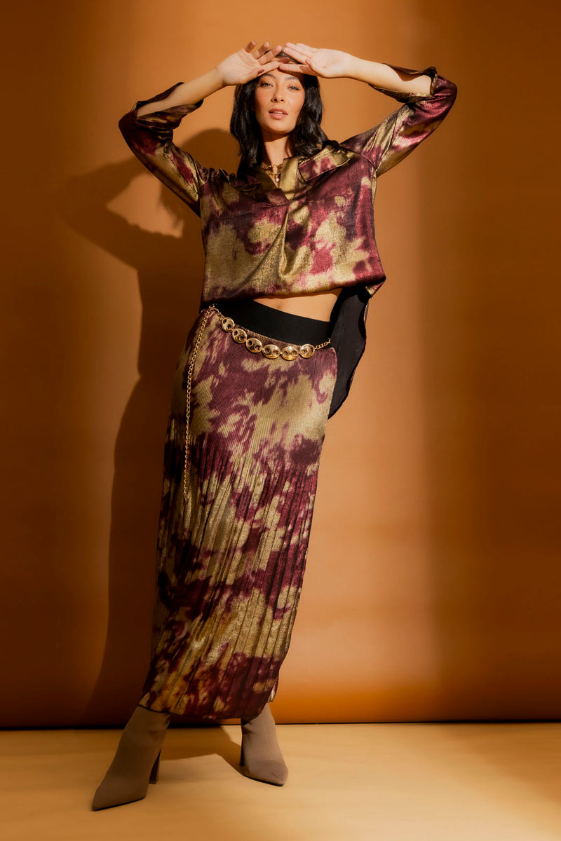 Burgundy/Gold Pleat Maxi Skirt Burgundy/Gold S