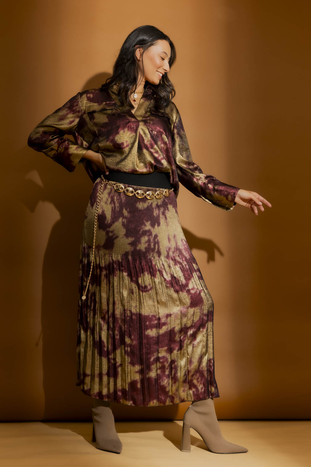 Burgundy/Gold Pleat Maxi Skirt Burgundy/Gold S