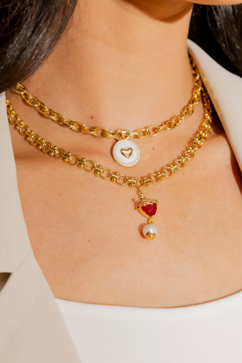 Red Heart Pearl Necklace O/S