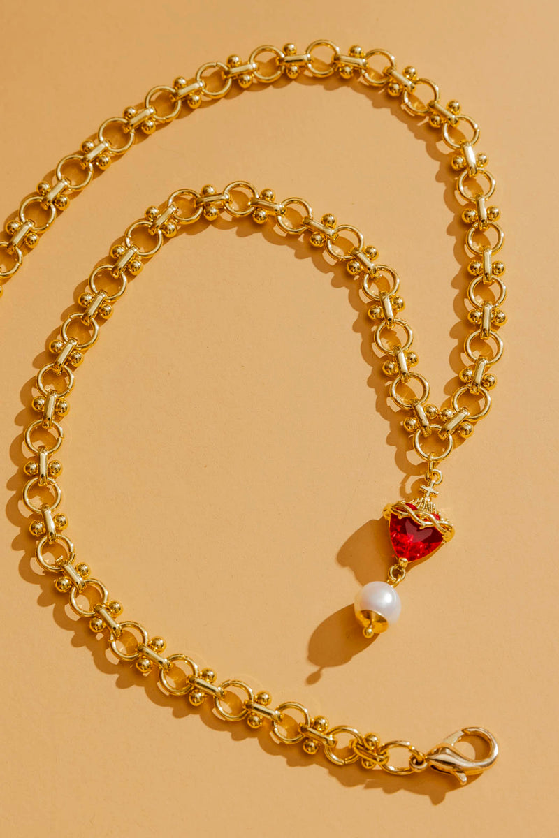 Red Heart Pearl Necklace O/S