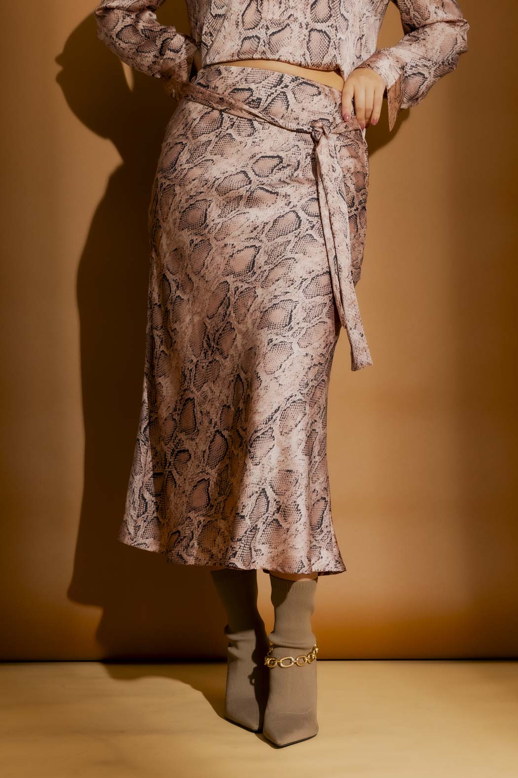 Pink Snake Bias Belted Skirt Pink Snake