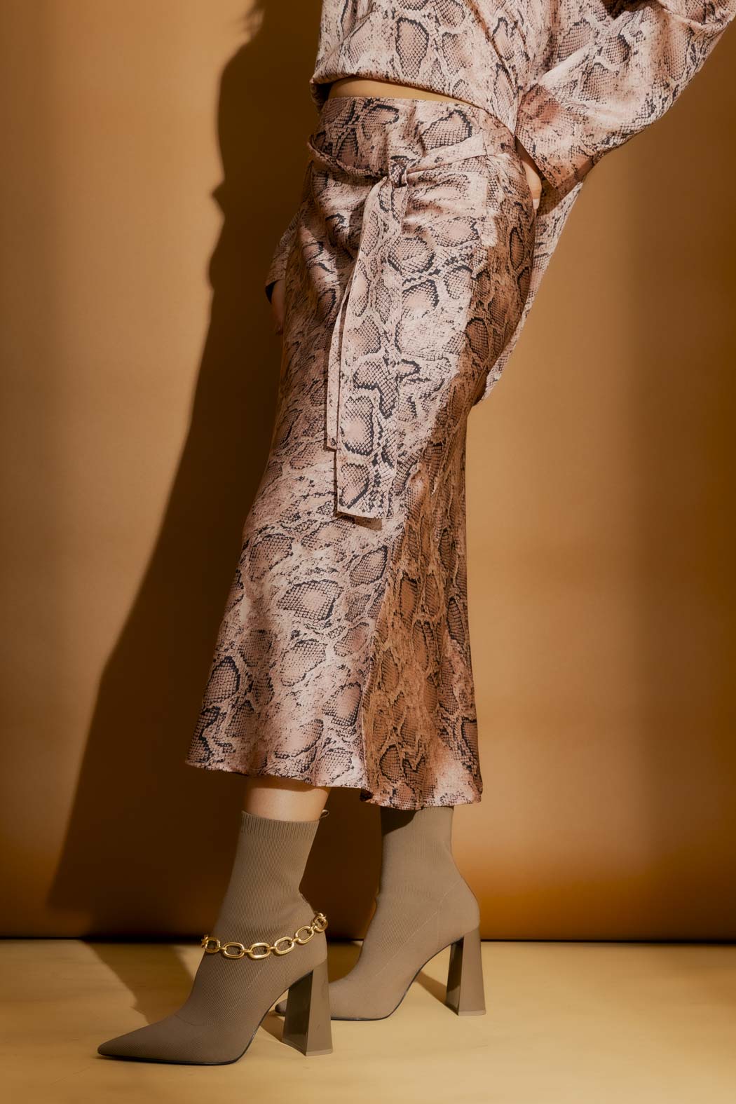 Pink Snake Bias Belted Skirt Pink Snake