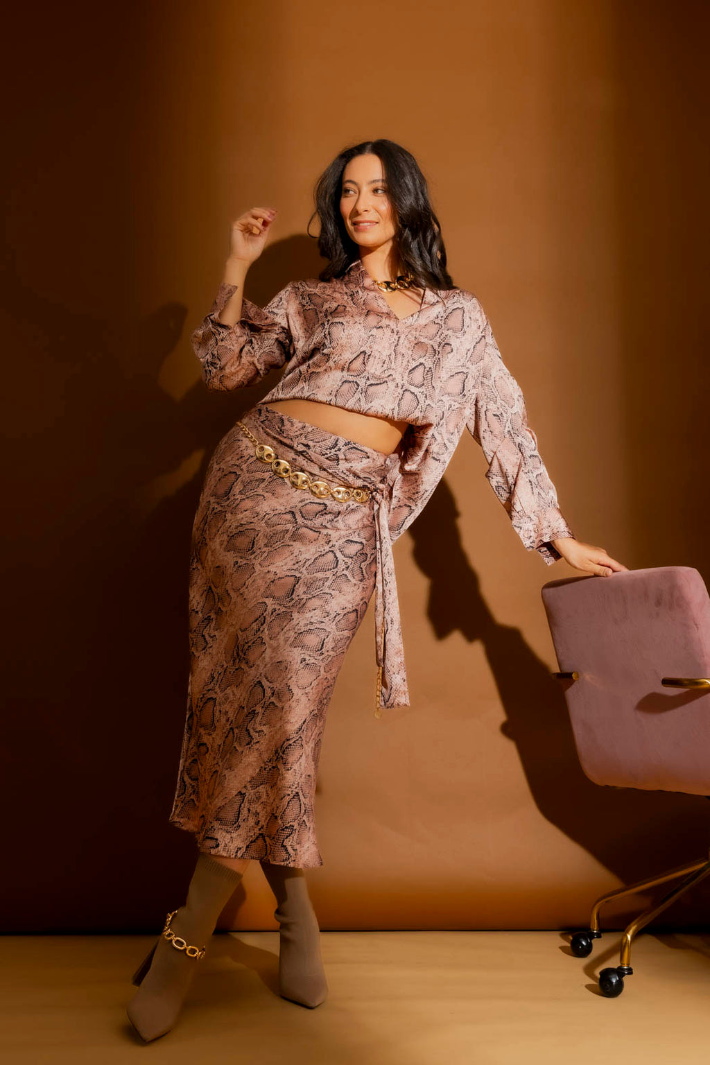 Pink Snake Bias Belted Skirt Pink Snake