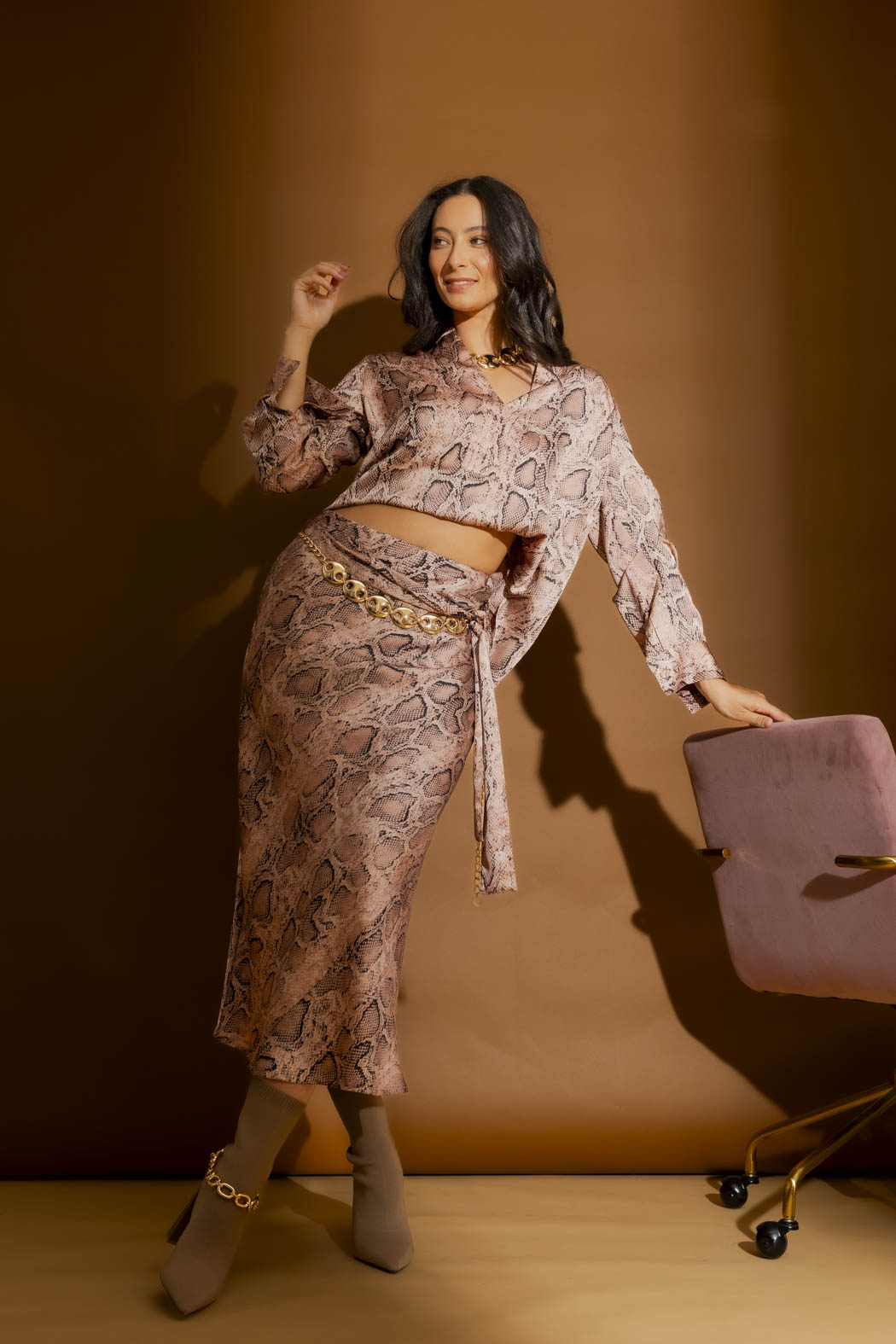 Pink Snake Bias Belted Skirt Pink Snake