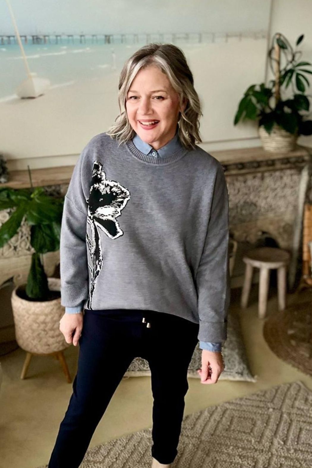 Grey Flower Knit Jumper Grey S