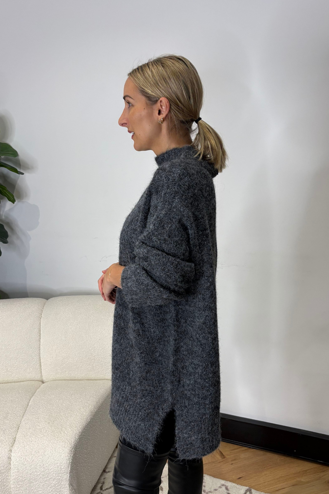 Charcoal Fluffy Front Seam Tunic