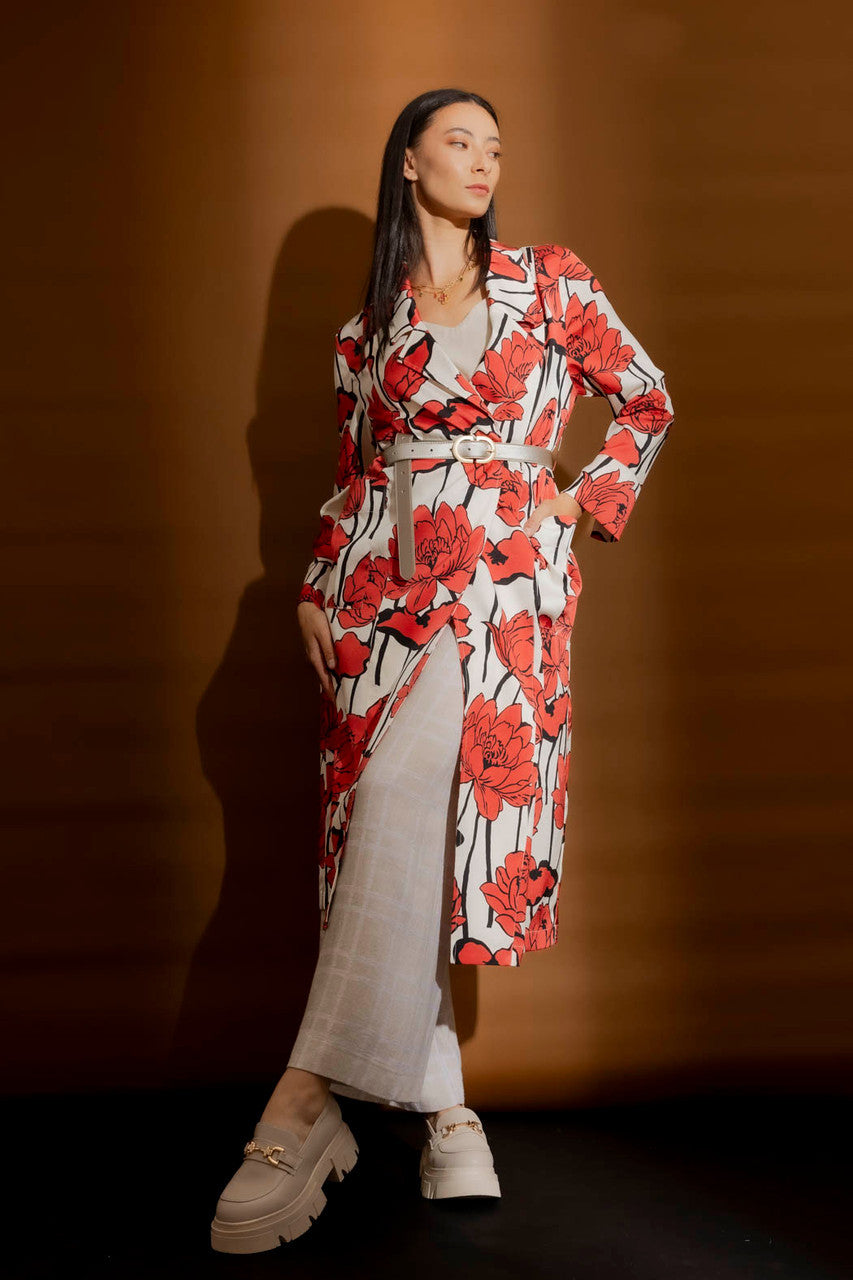 Red/Cream Print Trench Coat