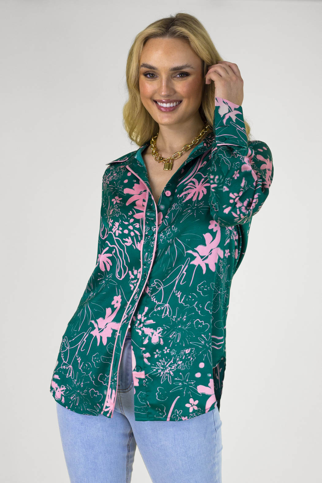 Jade Pink Silky Piping Shirt - Final Sale