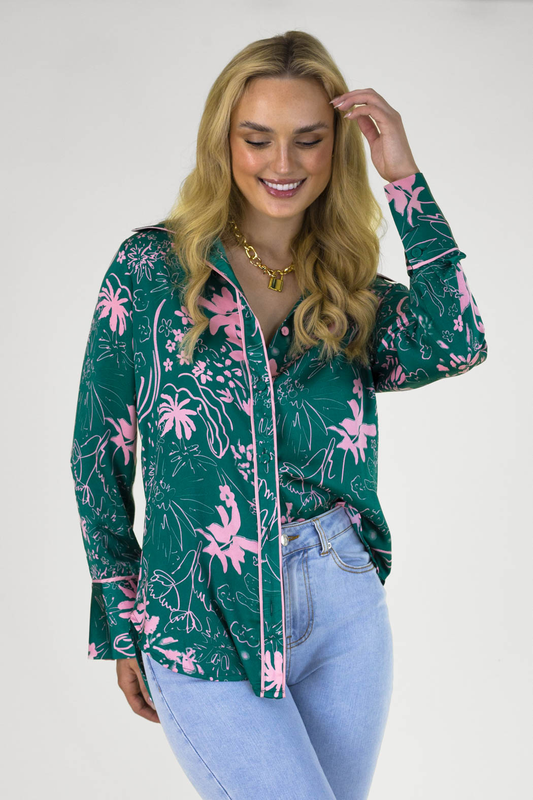 Jade Pink Silky Piping Shirt - Final Sale