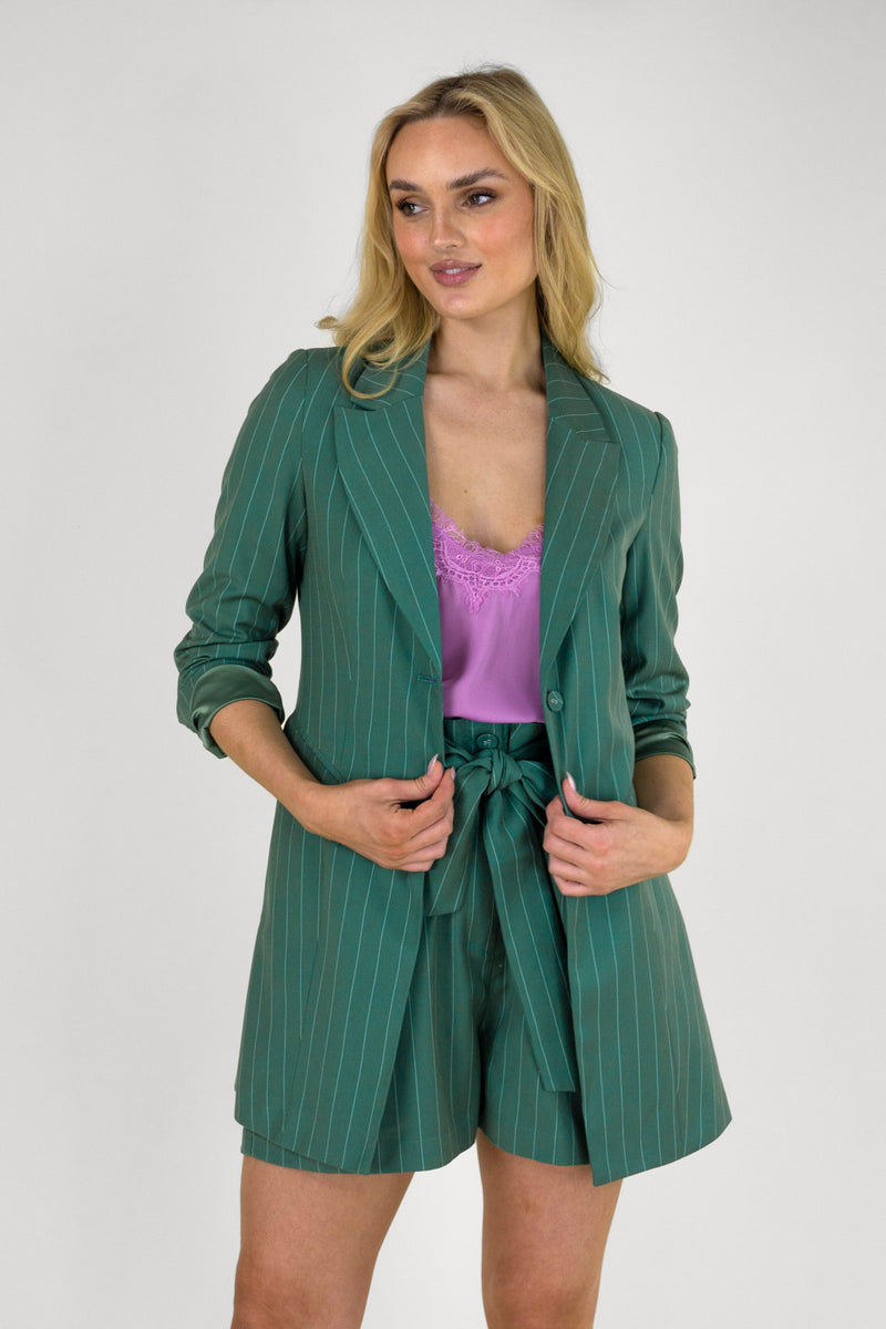 Teal Pinstripe Longline Blazer - NT