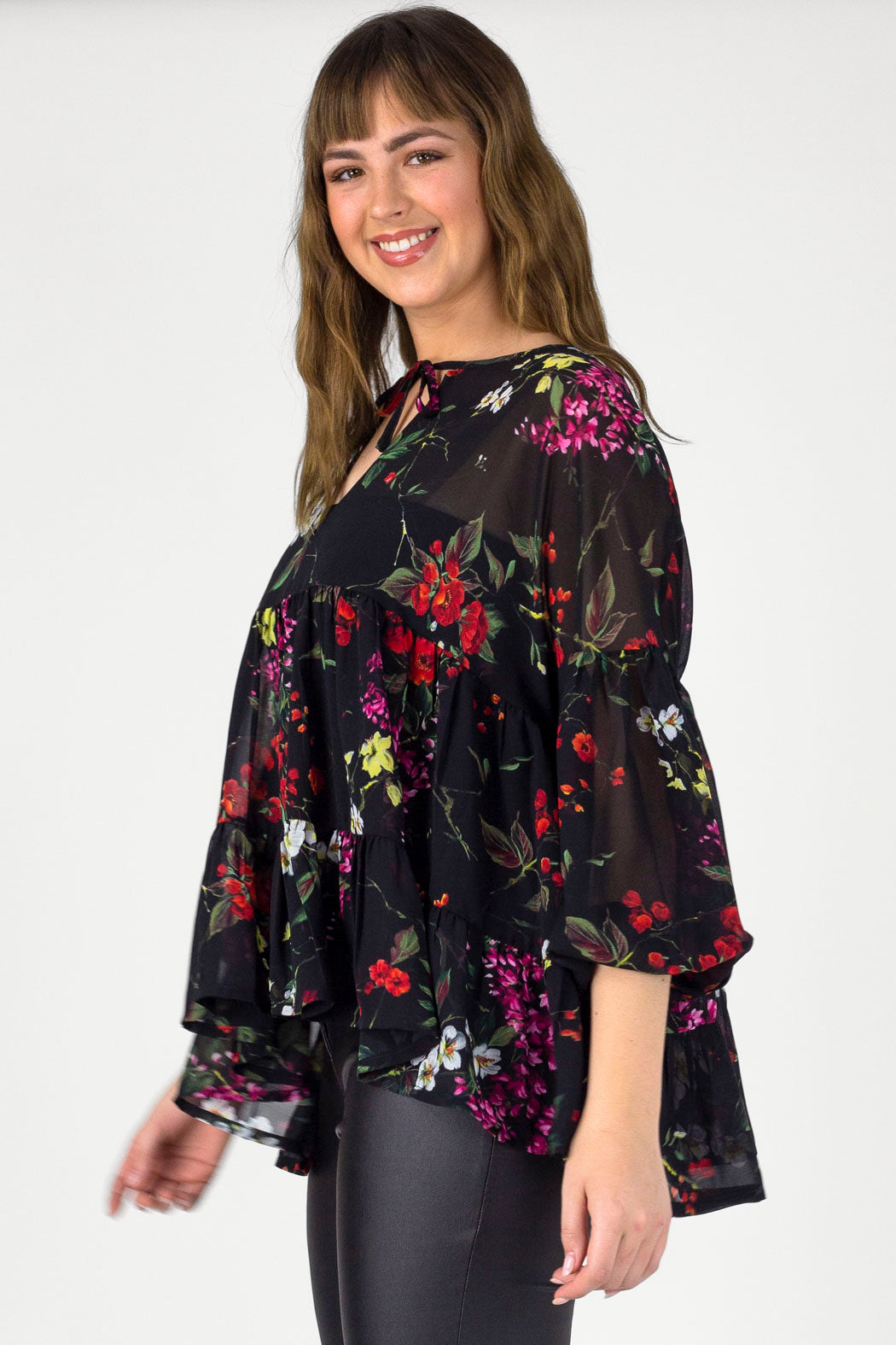 Black Floral Tiered Blouse - FINAL SALE
