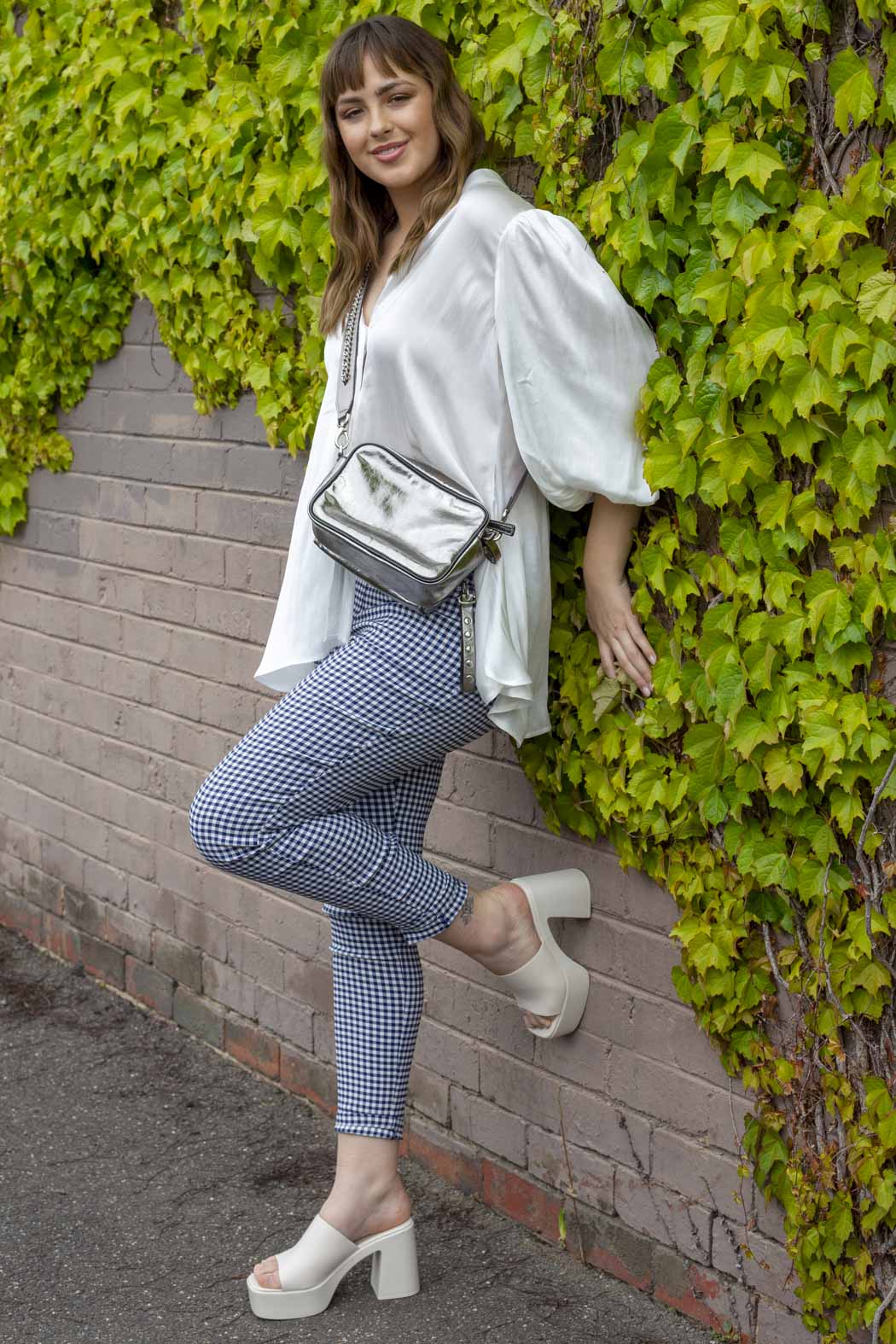 Gingham Bengaline Slim Leg Jean - Final Sale