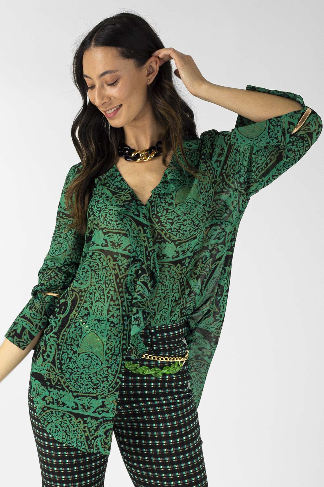 Green Chiffon Cascade Blouse