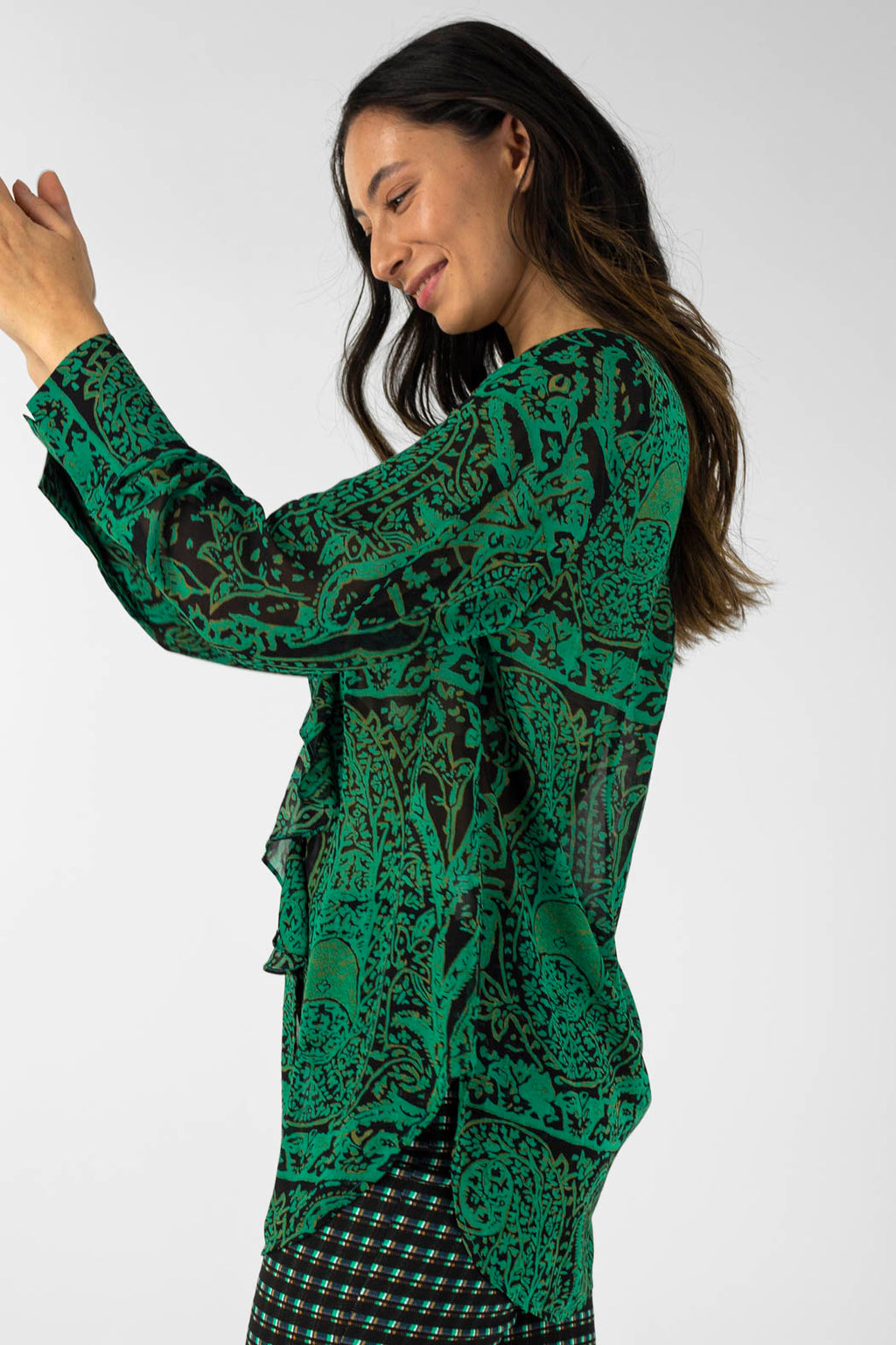 Green Chiffon Cascade Blouse
