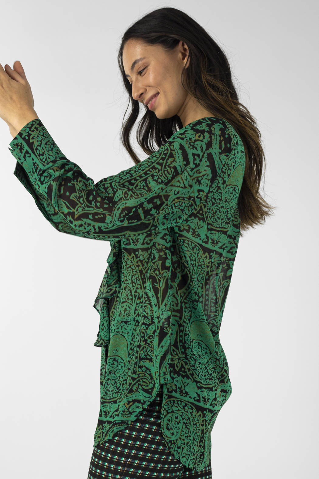 Green Chiffon Cascade Blouse