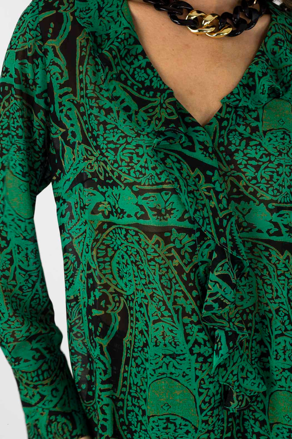 Green Chiffon Cascade Blouse