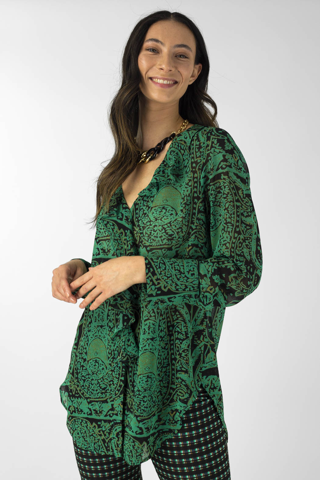 Green Chiffon Cascade Blouse