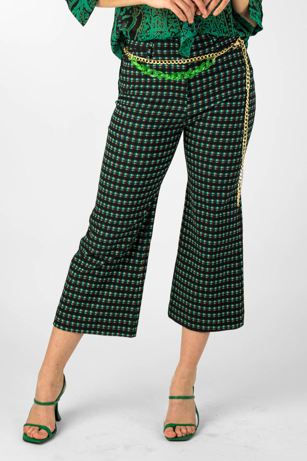 Jade Check Wide Crop Flare - Final Sale