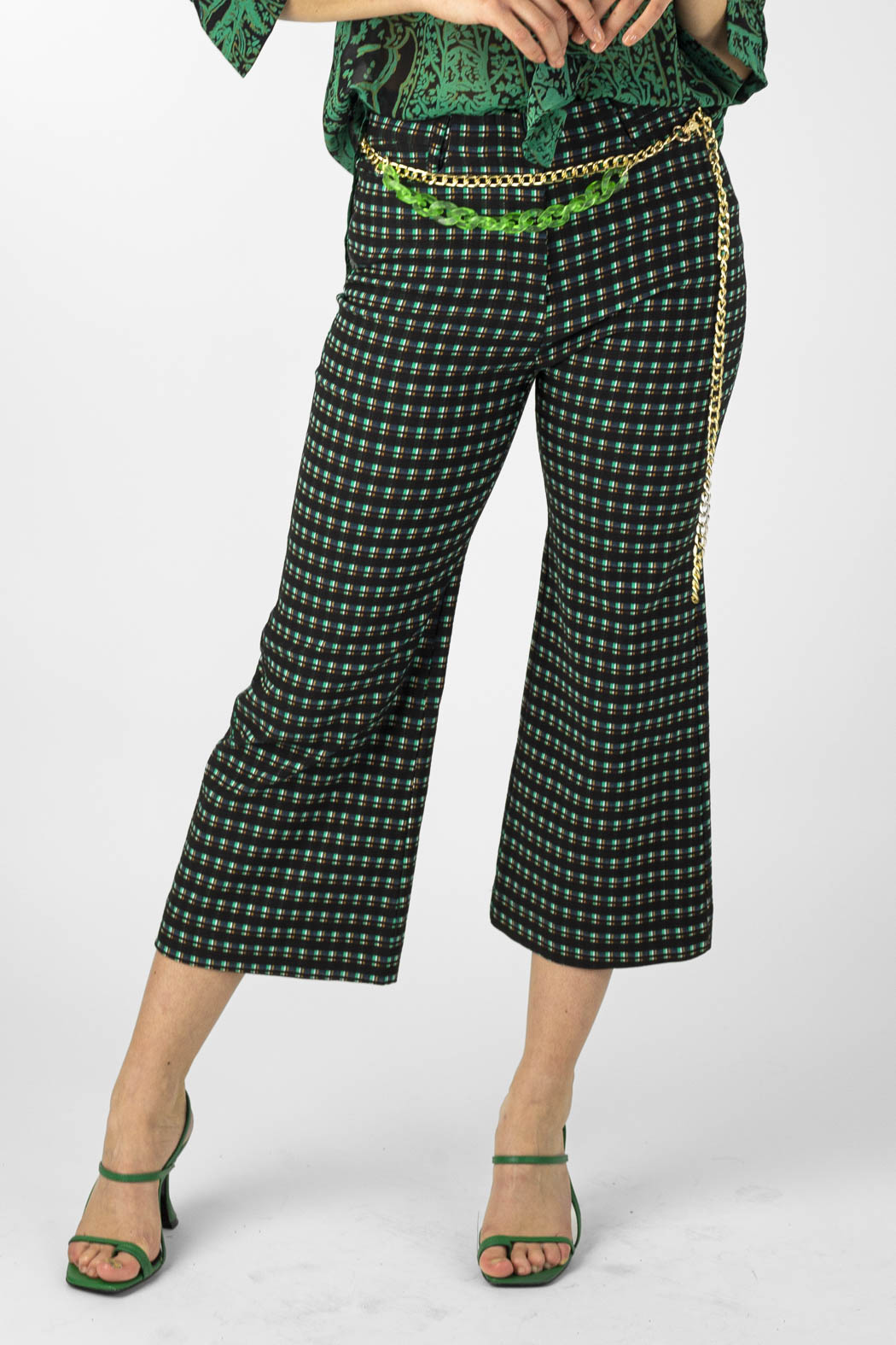 Jade Check Wide Crop Flare - Final Sale